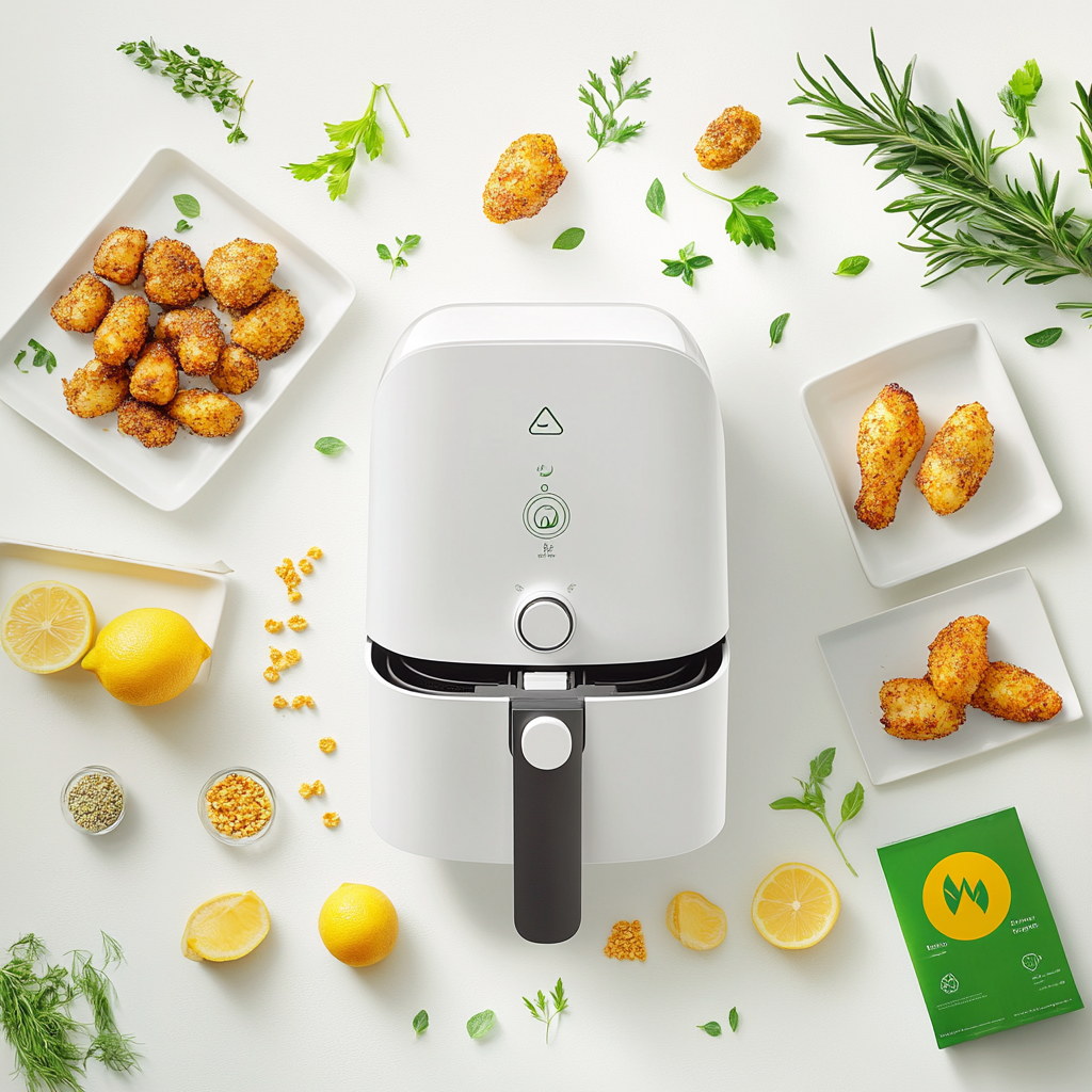 Air fryer with crispy chicken pieces and fresh herbs