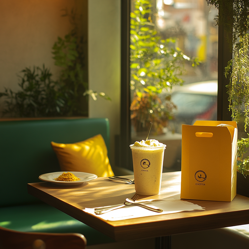 Cozy Chickitha café interior with branded takeout and drinks