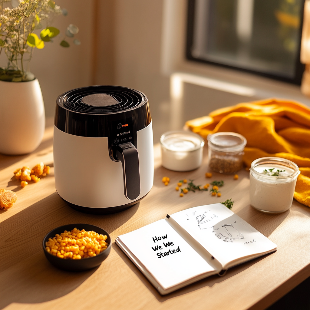 How Chickitha started - an air fryer with a notebook saying 'How We Started'
